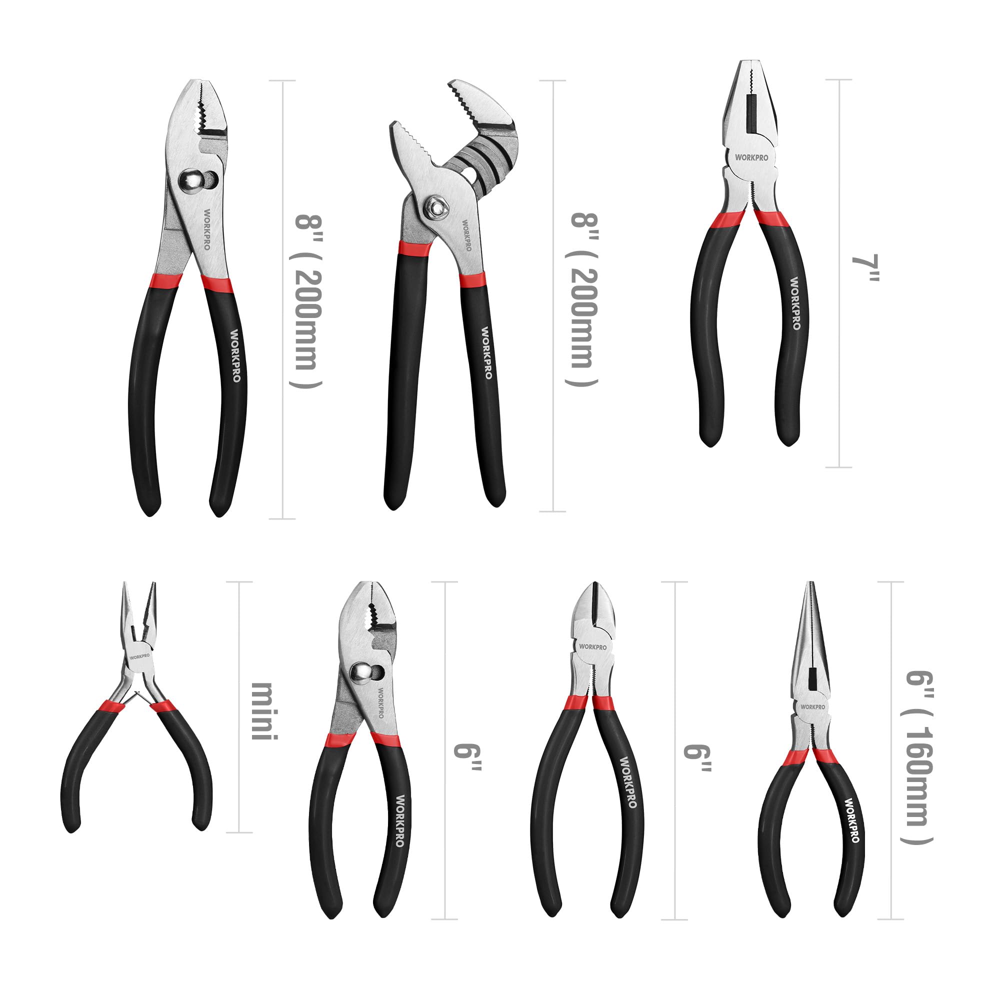 WORKPRO 7-Piece Pliers Set, Groove Joint, Long Nose & Diagonal