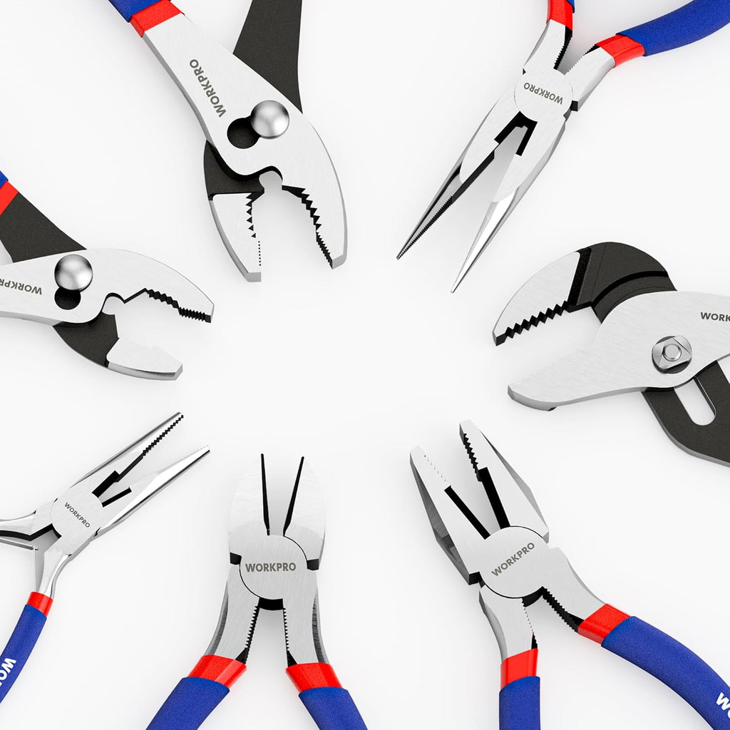 WORKPRO 7-Piece Pliers Set, Groove Joint, Long Nose & Diagonal