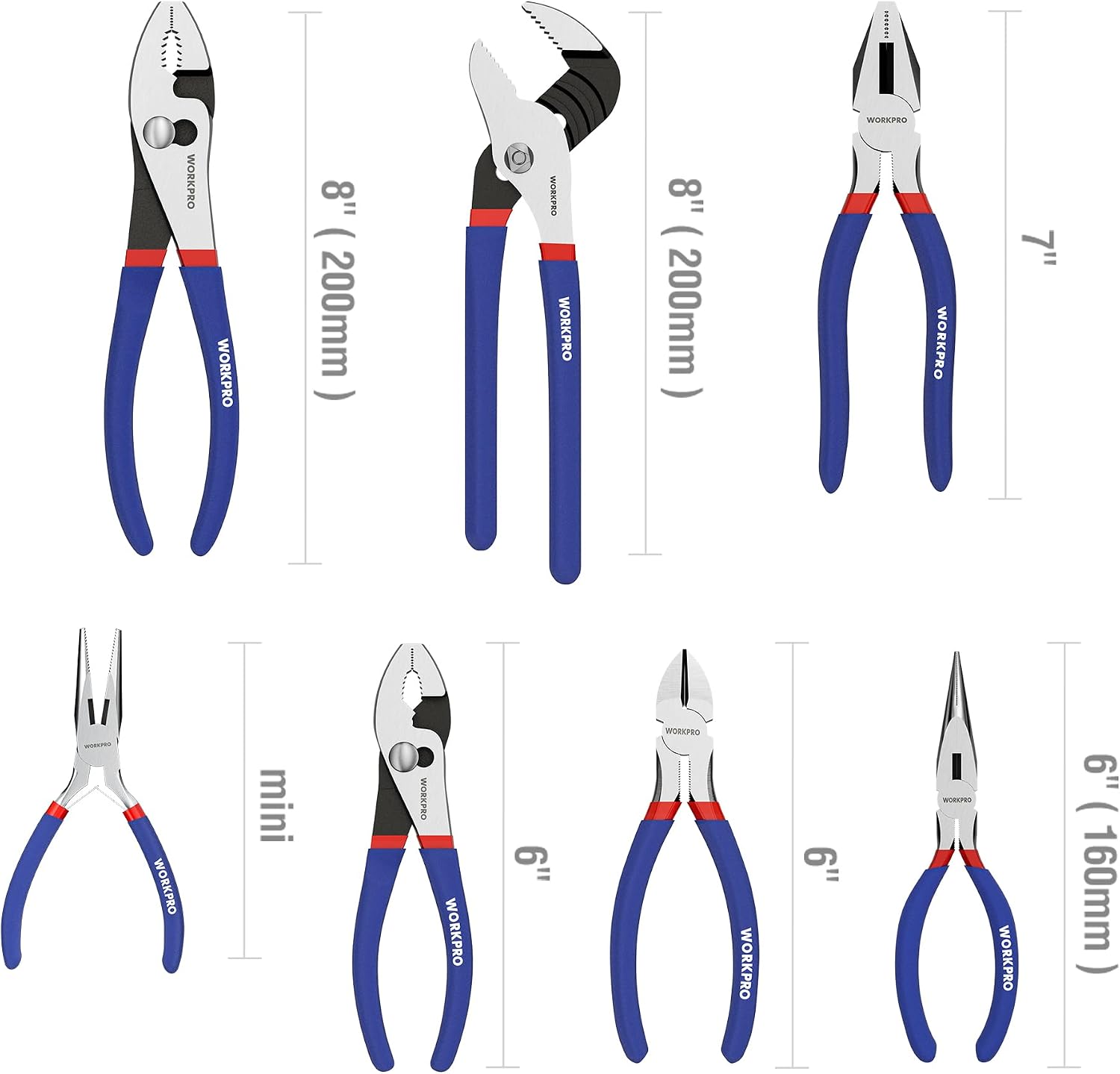 WORKPRO 7-Piece Pliers Set, Groove Joint, Long Nose & Diagonal