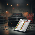 Dodge Charger noir avec blower et fiche d'inspection préventive au premier plan