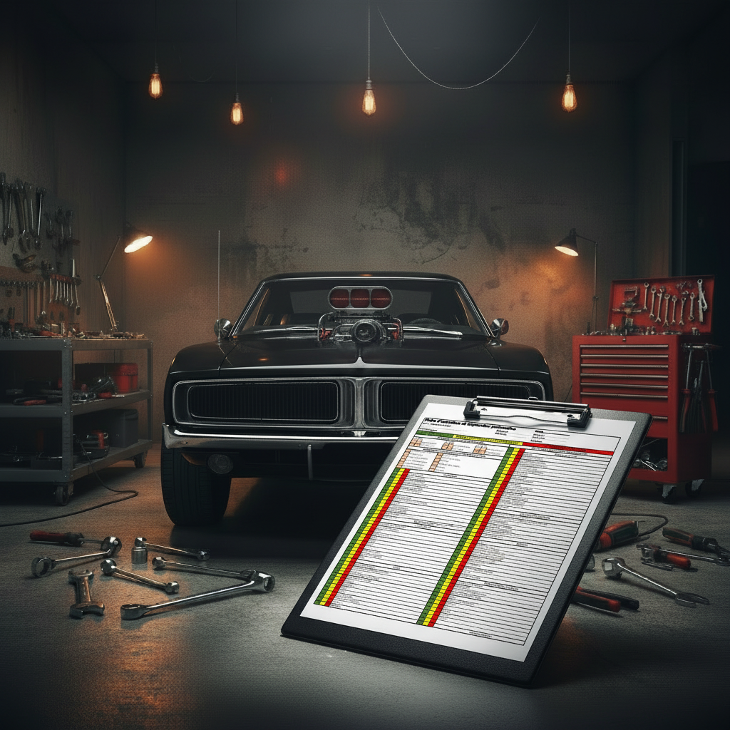 Dodge Charger noir avec blower et fiche d'inspection préventive au premier plan