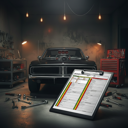 Dodge Charger noir avec blower et fiche d'inspection préventive au premier plan